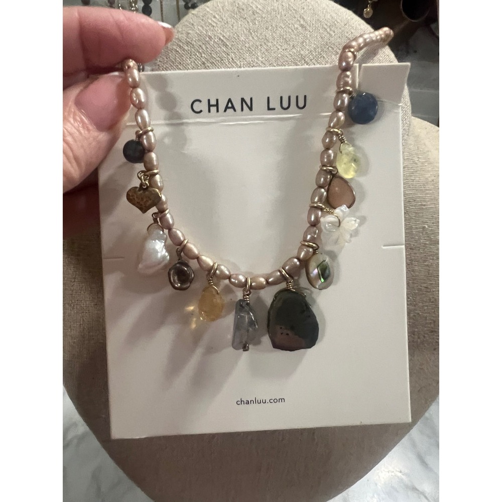 Chan Luu Mixed Gemstone Pearl Charm Necklace Boho Mauve Gold Tone Adjustable